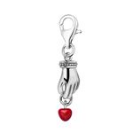 Quiges 925 Sterling Silver Red Enamel 3D Hand with Heart Lobster Clasp Charm Clip on Pendant