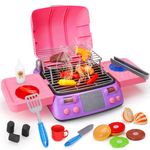 2024 Girls BBQ Grill Playset with Pretend Smoke Sound Light Kids Pink Kitchen Age 3-5 4-8 Toddler Cooking Play Food Outdoor Camping Barbecue Accessories Toys for 2 3 4 5 Year Old Girl Birthday Gift