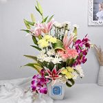 FlowerAura Fresh Flower Bouquet Gift Fresh Live 6 Pink Roses, 8 Yellow Carnations, 2 Pink Lilies, 4 Purple Orchids & 2 White Daisy Flowers Bouquet In White Plastic Vase Pot Gift's (Same Day Delivery)