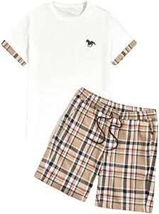GORGLITTER Men's Plaid Print Casual Short Sleeve T Shirts and Shorts Tracksuit Set White and Khaki X-Large