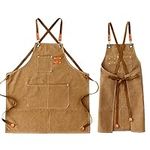 Kvimvty Canvas Cross Back Heavy Duty Work Tool Apron, Carpenter Aprons, Chef Cotton Aprons for Men Women Woodworking with Large Pockets Durable and Water Resistance Adjustable Work Apron