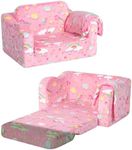 Folding Toddler Chair, Soft Plush Fold Out Kids Couch Sofa Glow in The Dark, Comfy Baby Recliner for Girls Boys (Glowing Unicorn, Pink)