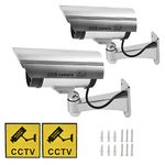 TIMESETL 2 Pack Silver Dummy Camera Waterproof Bullet Shape Fake Security Camera with Red Flashing LED + CCTV Signs + Screws