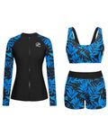 Holipick Women 3 Piece Rash Guard with Built in Bra Long Sleeve Swimsuit with Shorts Zipper SPF Swim Shirts, Blue Leaves, Large