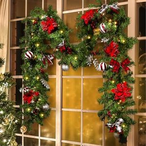 LBSUN Christmas Garland with Lights, Pre-lit 9ft Christmas Decorations with 50 Warm White LED Lights, Berries, Balls, and Red Flower for Door, Stairs, Railing, Indoor, Outdoor, Battery Operated