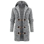 Mens Hooded Knitted Cardigan Jacket Winter Warm Long Length Hooded Trench Coat Cable Ribbed Button Down Sweater Jackets(Grey,Large)