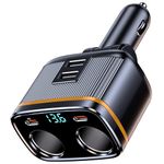 USB C Car Charger Adapter, 145W Super Fast Cigarette Lighter USB Charger Adapter with LED Voltmeter Car Phone Charger For iPhone Samsung & More