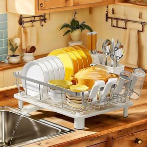 MOUKABAL Dish Drying Rack - Stainless Steel Dish Rack, Dish Racks for Kitchen Counter, Drying Rack Kitchen with Removable Utensil Holder, Drainboard and Glass Organizer (White)