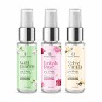 Botanic Hearth Hair & Body Perfume Mist Set for Women 30ml (Pack of 3) - Wild Jasmine, British Rose & Velvet Vanilla Alcohol-Free Fragrance Spray with Hyaluronic Acid