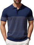 COOFANDY Men's Knitted Polo Shirts Short Sleeve Casual Golf Shirts Vintage Striped Shirts, Navy Blue, Large