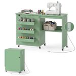 Giantex Folding Sewing Table with Charging Station, Rolling Craft Table with Storage Trays & Shelf, Foldable Sewing Machine Cabinet Desk with Lockable Wheels for Small Spaces (Sage)