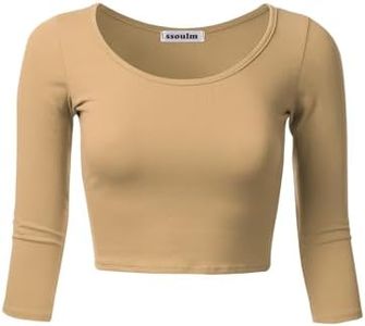 SSOULM Women's 3/4 Sleeve Scoop Neck Cotton Slim Fit Crop Top (S-2XL), Stt009_khaki, Medium Short