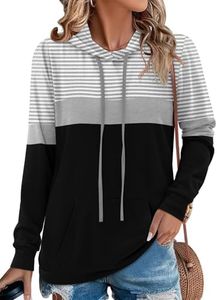 Angerella Womens Color Block Pullover Hoodie Sweatshirt Long Sleeve Striped Sweaters Tunic Tops Pocket Shirt White Black XXL