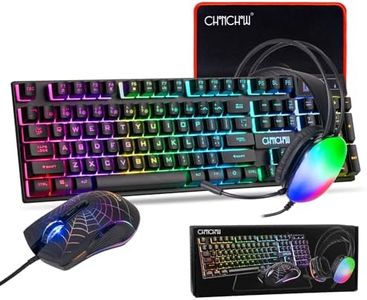 Gaming Keyboard Mouse Mousepad and Headset with mic Combo All in One USB Wired RGB Backlit Rainbow Side Button Gamer Bundle Set Compatible with PC Windows Xbox one PS4 PS5(Black)