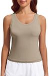 PINSPARK Women's Workout Tops Double Lined Gym Shirts Scoop Neck Athletic Tank Top Racerback Yoga Cropped Tanks, Khaki Small