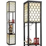 TANGZON Floor Lamp with Shelves, 2/3 Layers Wooden Shelf Tall Standing Light with E27 Holders & Fabric Shade, Corner Standard Lamp for Living Room Bedroom (2 Shelves, 2 Holders, with Grid Patterns)