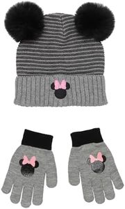 Minnie Mouse Big Kids Girls Knit Hat with Pom Pom Ears and Glove Set (Grey, One Size)