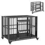 PawHut 43" Heavy Duty Dog Crate, Foldable Dog Cage on Wheels with Double Locks, Removable Tray, Openable Top, Double Doors, Indoor Outdoor Use, for Medium and Large Dogs - Black