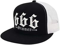 666 Sinner Trucker Cap for Men – Flat Bill 5-Panel Mesh Hat – 3D Raised 666 Front Embroidery – Adjustable Snapback – One Size Fits Most – Bold Baseball Cap (Black)