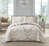 3 PCS Patchwork Bedspread Quilted Bed Throw Single Double King Size Bedding Set (Royal Damask Beige, Single Bedspread se)