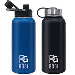 BOGI 32oz Insulated Water Bottle, 2 Pack Double Wall Vacuum Stainless Steel Water Bottle with Straw and 3 Lids, Sweat-Proof Wide Mouth Metal Water Bottle Keeps Hot or Cold for Sports Gym Office