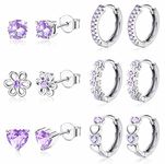 JeweBella 6 Pairs Small Earrings Set for Women Girls 925 Sterling Silver Post Stud and Hoop Earrings Set Hypoallergenic Zirconia Flower Heart Cute Cartilage Earrings for Kids Baby Pink/Purple/Blue