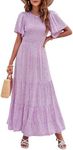 ZESICA Women's 2024 Summer Casual Floral Print Short Flutter Sleeve Crew Neck Smocked High Waist Flowy Maxi Dress,Purple,Medium