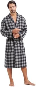 FashGudim Mens Buffalo Plaid Cotton Robe Lightweight Bathrobe Shawl Collar Kimono Sleepwear Loungewear House Robes, Black & Grey, 5X-Large-6X-Large