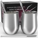 CHILLOUT LIFE Stainless Steel Wine Tumblers 2 Pack 12 oz - Double Wall Vacuum Insulated Wine Cups with Lids and Straws Set for Coffee, Wine, Cocktails (Stainless Steel)