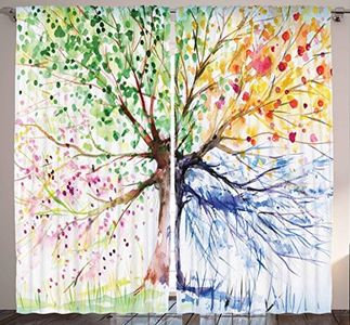 Ambesonne Tree Curtains, Watercolor Nature Colorful Blooming Branches 4 Seasons Themed Illustration Print, Living Room Bedroom Window Drapes 2 Panel Set, 108" X 84", Green White