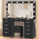 YITAHOME Dextrus Vanity Desk Set with Mirror, 3-Mode Lights, Charging Station, 11 Drawers and Bench