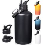 A Gallon Insulated Water Bottle with Straw&Spout Lid, 128oz Stainless Steel Water Jug with Handle and Wide Mouth, One Gallon Vacuum Double Walled Jug for Sports, Outdoors, Leak-Proof. Black 128oz