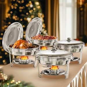 WARMOUNTS Round Chafing Dishes for Buffet (5QT, 4 Pack) - 95% Pre-Assembly, Food-Grade Stainless Steel Chafers and Buffet Warmers Sets with Lid Holder, Rolled Edge Design, for Party, Banquet