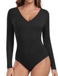 LAOLASI Long Sleeve Bodysuit Women Soft V Neck Slim Fit Black Bodysuit for Women Jumpsuit Tops, Black, XL