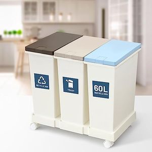 3x20L Recycling Waste Bin with Wheels 3 Compartment Kitchen Recycle Garbage Bin Triple Dustbin Rubbish Bin for Kitchen Home Office White