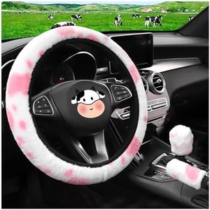 SuperKaKa 3PCS Furry Cow Print Steering Wheel Cover,Auto Plush Cute Cows Shift Gear & Hand Brake Covers Soft Warm Universal Car Interior Accessories for Women Men (Pink)