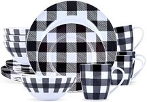 Winter Frost White, Black Modern Kitchen Dinnerware Sets, Indoor and Plates, 16-Piece Plaid Kitchen Plates and Bowls Set with Mugs, Dishwasher Safe