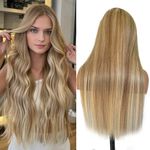 Belaved Highlight Ombre Medium Brown Lace Front Wigs Human Hair Mix Blonde 13x6 Long Straight Balayage Blonde with Brown Roots 180% Density 32 Inch HD Lace Frontal Wig for Women Pre Plucked Hairline
