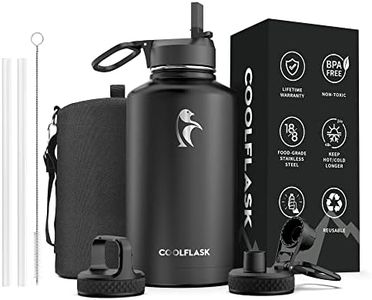 64 oz Water Bottle Insulated with Straw & 3 Lids, Coolflask Large Metal Stainless Steel Water Jug Big Half Gallon Wide Mouth for Sports, Gym or Office, Non-BPA Keep Cold 48H Hot 24H, Magic Black