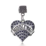 Inspired Silver - Middle Bro Navy Blue Memory Charm for Women - Silver Pave Heart Charm for Bracelet with Cubic Zirconia Jewelry