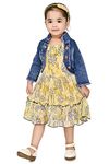 ELYON FASHION Girls Cotton Blend and Denim Casual Midi Floral Printed Frock Dress with Jacket (Yellow, 12-24 Months)