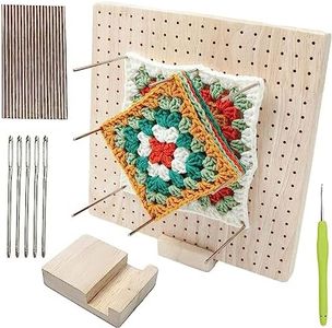 Wooden Crochet Blocking Board, Handcrafted Knitting Blocking Mats, Square Granny Kit with 20 Stainless Steel Pins, 5 Large Eye Needle, Crochet Hook and Stand for Granny Squares Lovers