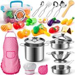 Tigerhu 26PCS Play Kitchen Accessories, Kitchen Pretend Play Cooking Toys w/ Stainless Steel Cookware, Apron & Chef Hat,Pots and Pans Set, Cutting Foods, Great Learning Gifts for Toddler & Boys Girls