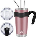 WETOWETO 20oz Insulated Stainless Steel Tumbler with Handle, Coffee Tumbler with 2 lids and 2 straws, Double Wall Vacuum Travel Coffee Mug, Powder Coated Tumbler Cup (Rose Gold,1)