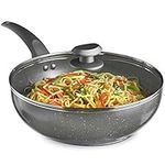 VonShef Non-Stick Wok, Induction Safe Non-Stick Frying Pan, Deep Aluminium Stir Fry Wok with Glass Lid & Stay Cool Handle, 28cm Diameter & Marble Finish