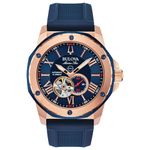 Bulova Mens Marine Star Automatic Watch 44mm Two-Tone Stainless Steel Case Silicone Strap with Blue Dial (98A227)