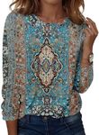 Womens Long Sleeve Tops Casual Plus Size Fall Ethnic Ladie's Long Sleeve School Crewneck Printed Tees for Turquoise 4XL
