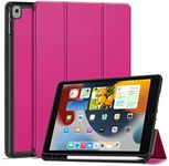 TNP Case for iPad 9th Gen 2021/iPad 8th 2020/iPad 7th 2019 Generation Protective Cover with Pencil Holder - 10.2 inch Slim Soft TPU Trifold Stand PU Leather Folio Auto Sleep Wake - Hot Pink