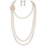 BABEYOND 1920s Gatsby Pearl Necklace Vintage Bridal Pearl Necklace Earrings Jewelry Set Multilayer Imitation Pearl Necklace with Brooch (Rose Gold)