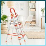 Houza 4 Step Foldable Aluminium Ladder with Railing for Home | Ladder with Anti-Slip Shoes | Slip Prevention Steps | Durable, Heavy Duty, Safe and Stylish | Made in India (Orange 4 Steps)